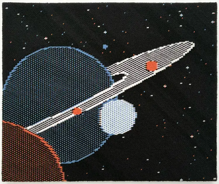 Scene from A.E.—video game conceived by Jun Wada and Makoto Horai—in its Apple II version. Basketweave tent stitch and Continental tent stitch needlepoint.