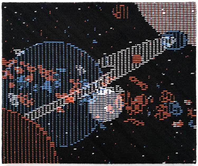 Scene from A.E.—video game conceived by Jun Wada and Makoto Horai—in its Apple II version. Basketweave tent stitch and Continental tent stitch needlepoint.