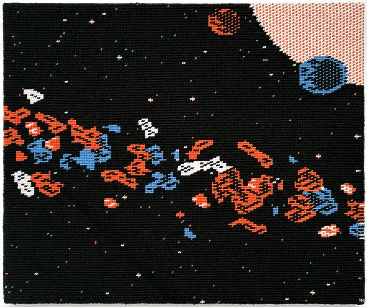 Scène tirée d’A.E. – jeu vidéo conçu par Jun Wada et Makoto Horai – dans sa version sur Apple II. Tapisserie à l’aiguille au point de Saint-Cyr et petit point.