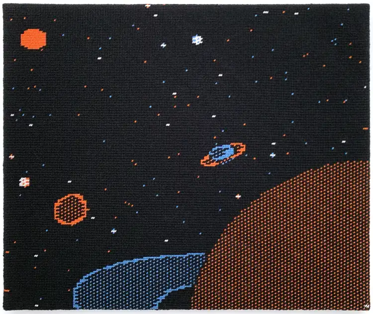 Scene from A.E.—video game conceived by Jun Wada and Makoto Horai—in its Apple II version. Basketweave tent stitch and Continental tent stitch needlepoint.