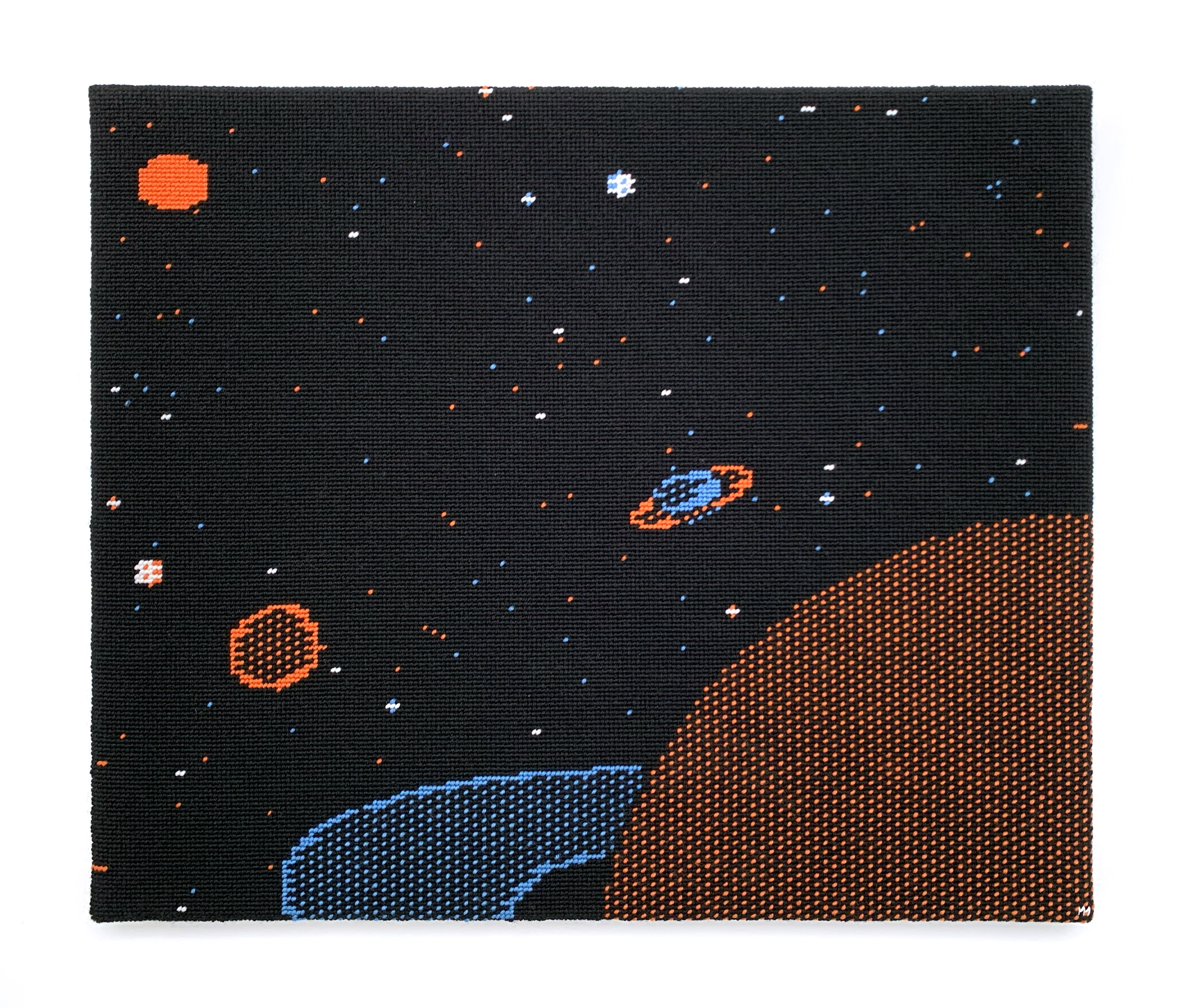  / Needlepoint of a scene from *A.E.*—video game conceived by Jun Wada and Makoto Horai—in its Apple II version. Art by artist Marine Beaufils.