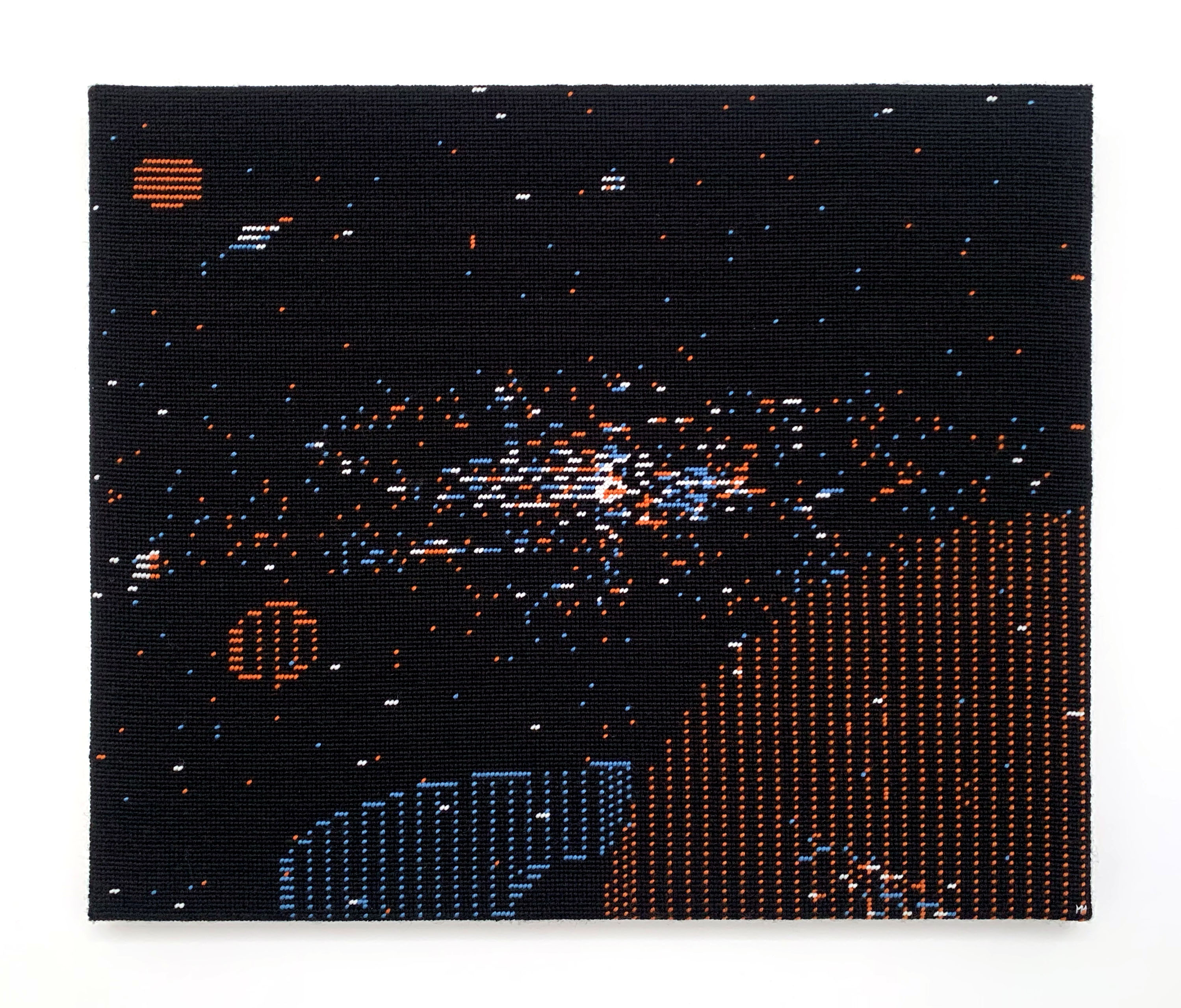  / Needlepoint of a scene from *A.E.*—video game conceived by Jun Wada and Makoto Horai—in its Apple II version. Art by artist Marine Beaufils.