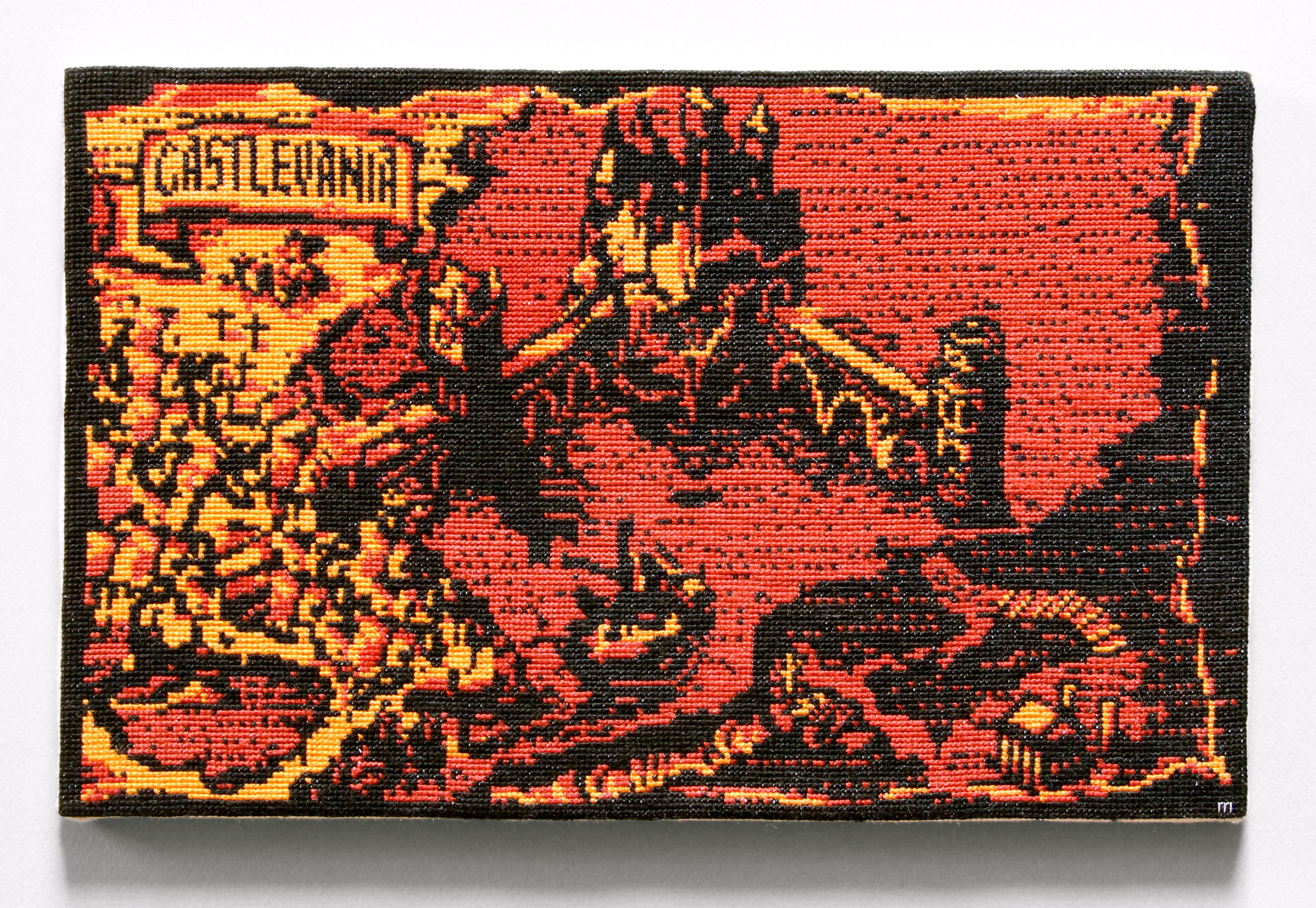  / Broderie au point de croix d’après la carte du jeu vidéo *Castlevania III: Dracula’s Curse*, sur NES. Œuvre de l’artiste Marine Beaufils.
